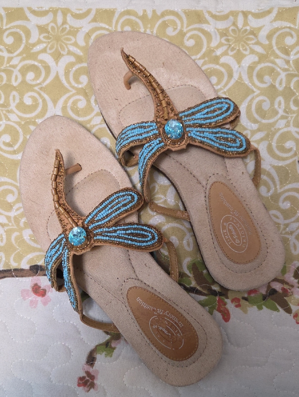 Dr. Scholl's Tan Sandal with Turquoise Beaded Dragonfly
